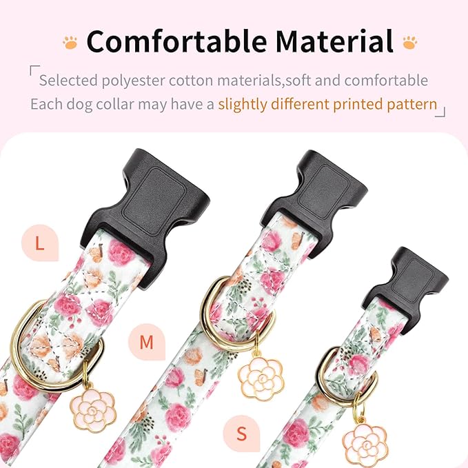 Cotton Dog Collar,Adjustable Cute Puppy Collar with Moon Patterned Design for Small Medium Large Dogs,Soft and Fancy Pet Collar with Safety Buckle for Girl Boy Dogs (Pink Flower, S)