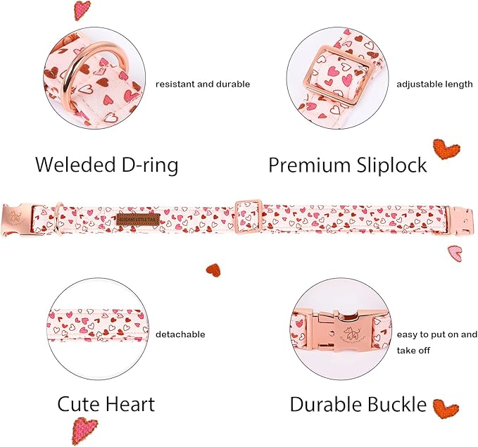 Elegant Little Tail Pink Heart Dog Collar, Valentine's Day Gift - Adjustable for X-Small Dogs