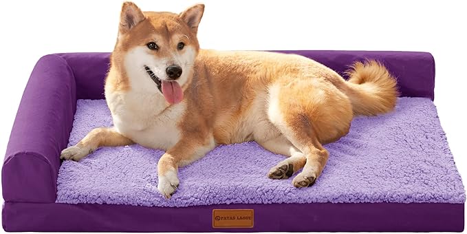 Patas Lague Orthopedic Dog Bed Large Sized Dog 36''X24'', Waterproof L Bolster Medium Pet Sofa Beds with Removable Washable Cover, Soft Comfortable Pet Couch Crate Mat with Nonskid Bottom, Purple
