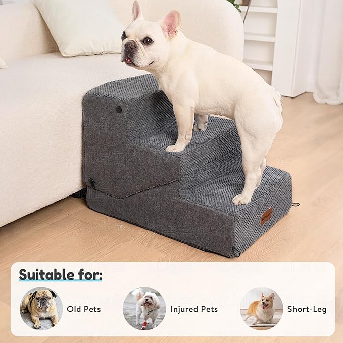 3-Step Dog Stair and Ramp for Small Dogs and Cats, Pet Steps for Sofa and Couch with Non-Slip Bottom, Grey