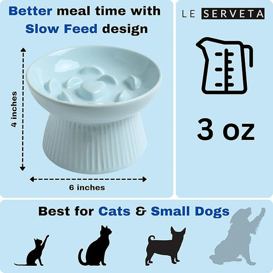 Ceramic Slow Feeder Cat Bowl, Raised Puzzle Feeder, Anti Vomiting Cat Slow Feeder, Elevated Food Bowl, Whisker Friendly Cat Bowl (Blue)
