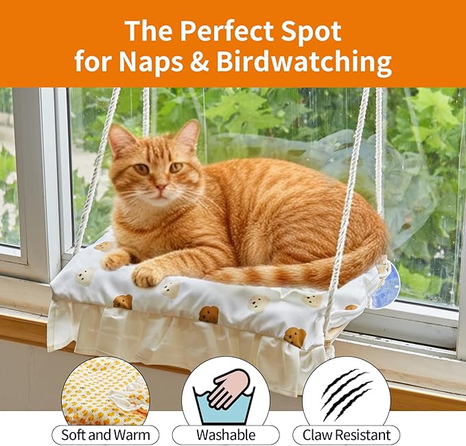 Cat Window Perch, Heavy Duty 20KG/44LB Suction Cup Hammock Bed with Soft Cushion, Secure & Stable Window Mount for Lazy Time, Bird Watching, Safe for Large Cats, 18.9"x14.5" (Yellow Duck)