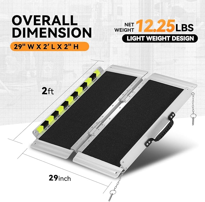 Auto Dynasty Wheelchair Ramp 2FT, Portable Folding Aluminum Wheel Chair Threshold Ramps for Home Steps Doorways, 800Lbs Capacity, 29Inch Width, Metallic/Black