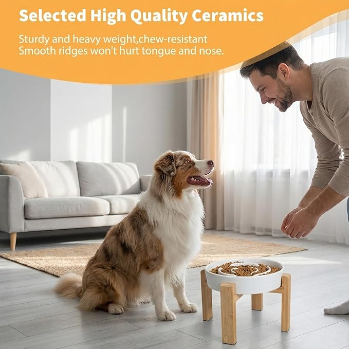 Elevated Slow Feeder Dog Bowl - Upgraded with Screwed Bamboo Stand - Ceramic Maze Dish for Fast Eaters - Raised Feeding Bowl for Medium and Large Dogs - White - 8.4 inch