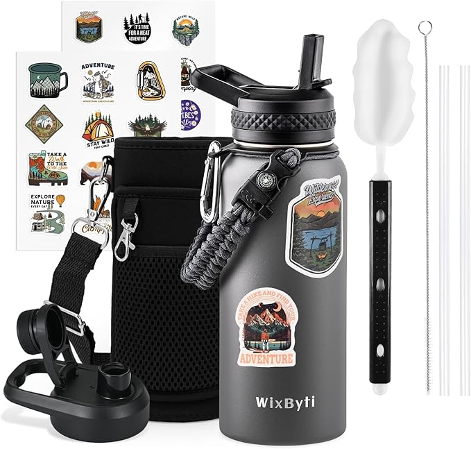 32 oz Insulated Water Bottle with Straw (Cold for 48 Hrs), Stainless Steel Triple Wall Vacuum Sports Water Jug, Leakproof Hydro Cup Flask with Paracord Handle & Straw Spout Lids & DIY Stickers
