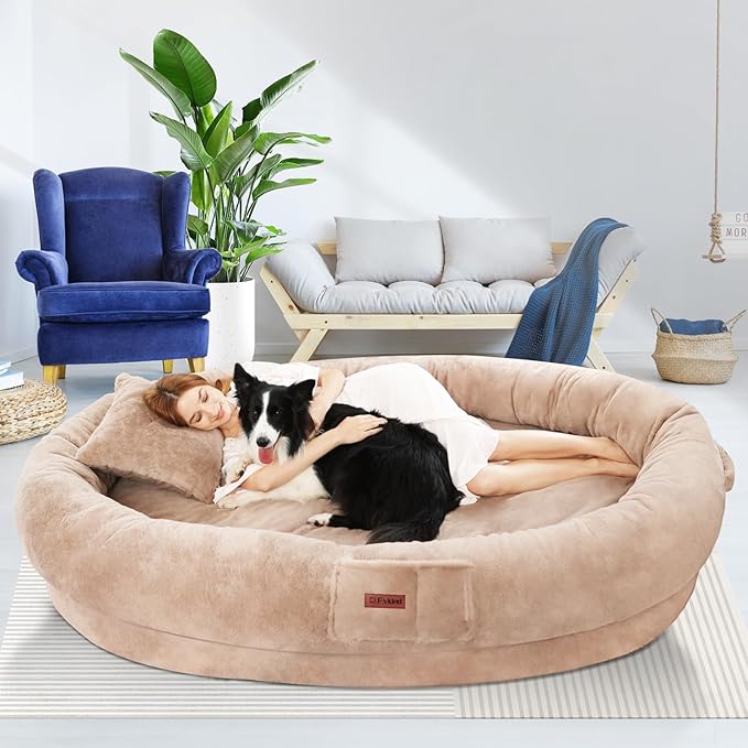 Human Dog Bed for Adults, 73"x56"x12" Washable Orthopedic Size, Faux Fur Removable, Cozy Large Present with Blanket and Pillow, Khaki