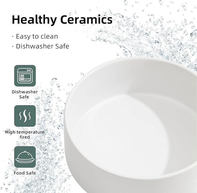 Ceramic Raised Double Bowls Set with Stand, Food & Water Bowls for Medium Breed Dogs, Weighted Dog Dishes, Pet Bowl(7.3'',41OZ, White)