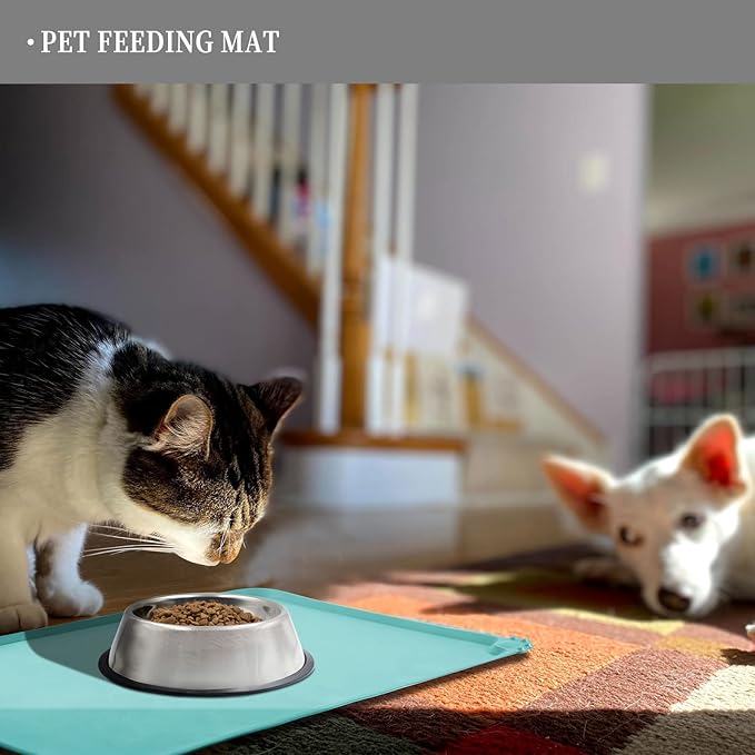Waterproof Pet Feeding Mat with High Raised Edges, Heavier and Thicker Placemats for Cat Dog Water Bowl with BPA Free, Dogs Cats Food Mats for Messy Drinkers to Prevent Spill and Protect Floors