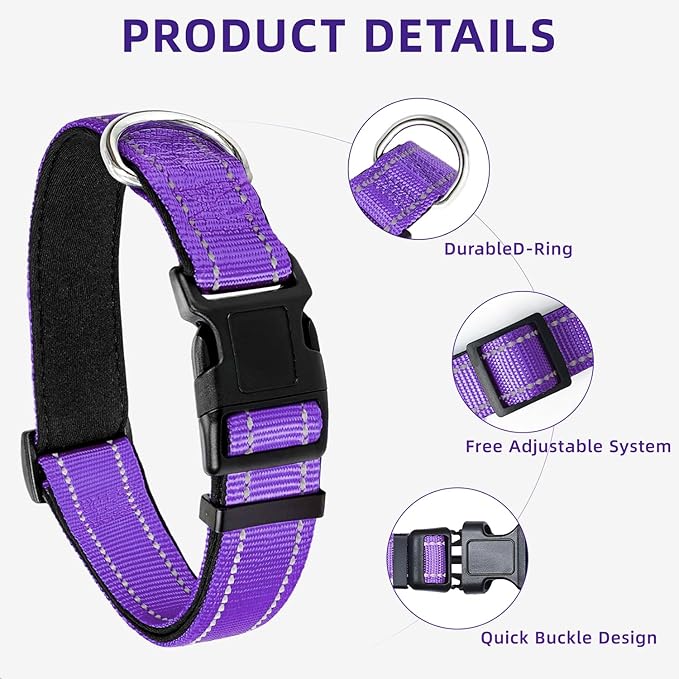 Reflective Dog Collar for Extra Large Dogs, Adjustable Collar with Soft Neoprene Padded, Durable Buckle for Daily Walking,Purple,XL