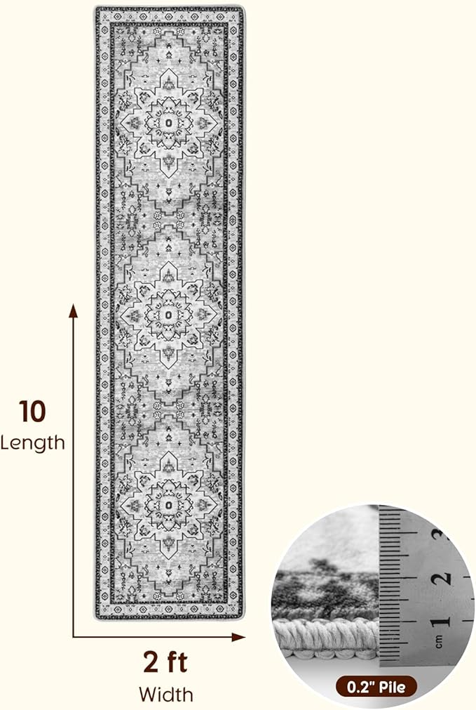 LBRO2M Boho Hallway Rug 2'X10’ Washable Runner Rugs Non Slip Low Piles Rugs Vintage, Soft, Gray Area Rug Runners for Hallways, Bedroom, Kitchen Laundry Room Pattern Print (2'X10', Light Gray)