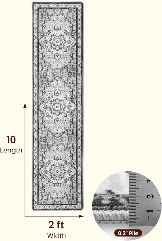 LBRO2M Boho Hallway Rug 2'X10’ Washable Runner Rugs Non Slip Low Piles Rugs Vintage, Soft, Gray Area Rug Runners for Hallways, Bedroom, Kitchen Laundry Room Pattern Print (2'X10', Light Gray)