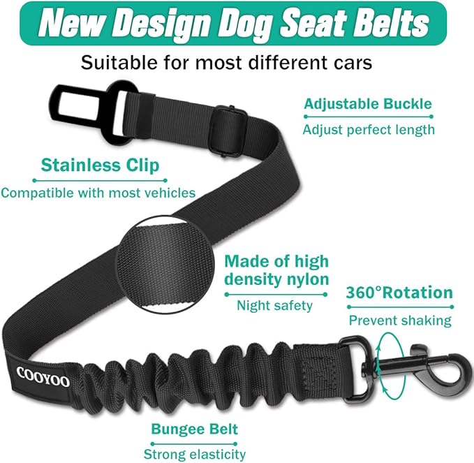COOYOO Dog Seat Belt, Durability Retractable Dog Car Harness Adjustable Dog Seat Belt for Vehicle Nylon Pet Safety Seat Belts Heavy Duty & Elastic (1 Pack Black)