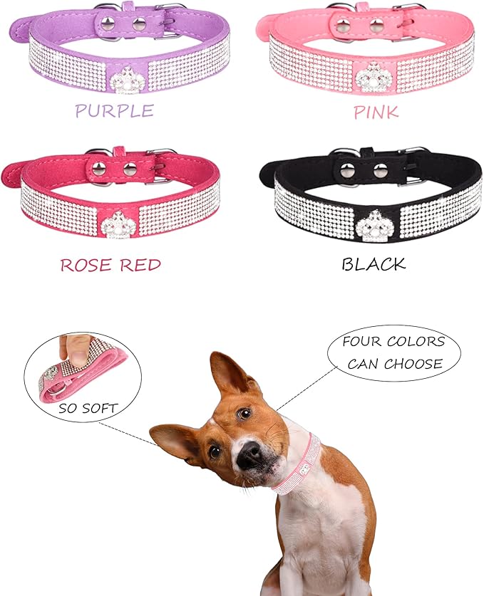 Dog Collar for Small Dogs, Adjustable Leather Suede Bling Dog Collars，Pink Dog Collar Cat Collar, Rhinestone Dog Collar (XS, Rose red3)
