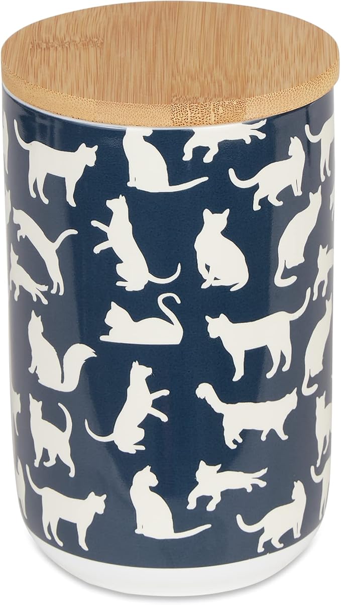 Bone Dry Ceramic Treat Jar for Cats and Dogs, Bamboo Lid, Dishwasher Safe Canister, 4x6.5", Navy, Cat Treats