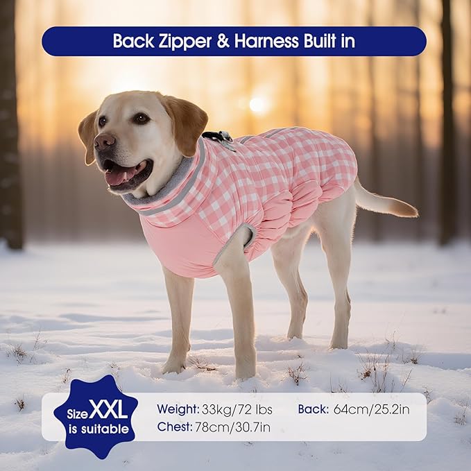 FUAMEY Dog Coat for Small Dogs,Waterproof Dog Winter Jacket with Harness Built in Puppy Cold Weather Coats Reflective Pet Vest with Zipper Warm Fleece Dogs Snowsuit Windproof Pink Plaid S