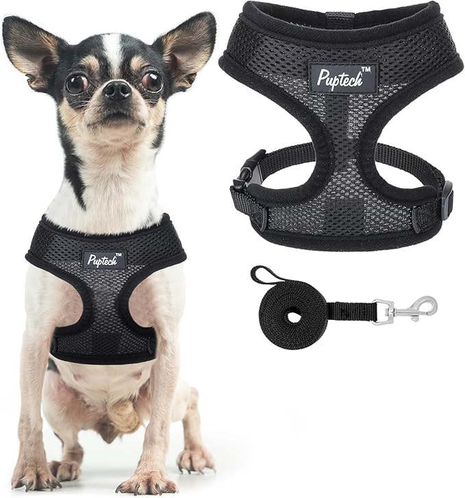 PUPTECK Soft Mesh Dog Harness and Leash Set Pet Puppy Cat Comfort Padded Vest No Pull Harnesses, Solid Black, XS
