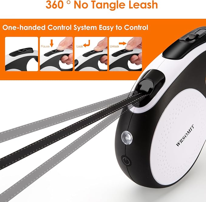 Retractable Dog Leash with Chew Proof Cable and LED Flashlight, 16Ft Heavy Duty Dog Leash for Medium Large Dogs up to 110lbs, 360째 No Tangle (White+16ft+LED)