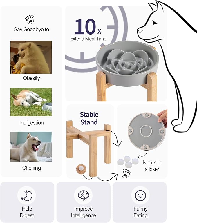 Grey Ceramic Slow Feeder Dog Bowl for Medium and Large Breed,Elevated/Raised 1.5 Cup 8.26 in Slow Feeding Bowl,Puzzle Dog Food Bowl for Fast Eater,Maze Dish for Fast Eater