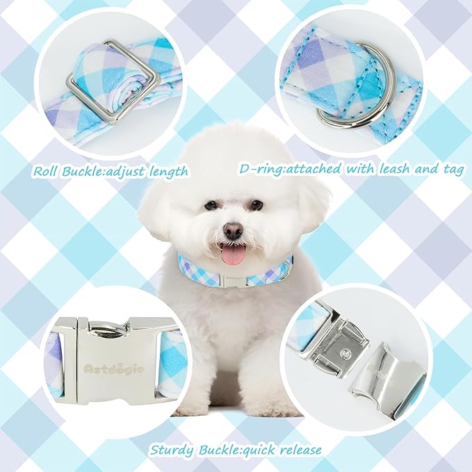 Cotton Collar for Dog竊똕oft Adjustable Dog Collars for Medium Dogs, Cute Dog Collar with Blue & White Plaid for Small Medium Large Dogs, Perfect for Girl or Boy Dog Collars-M