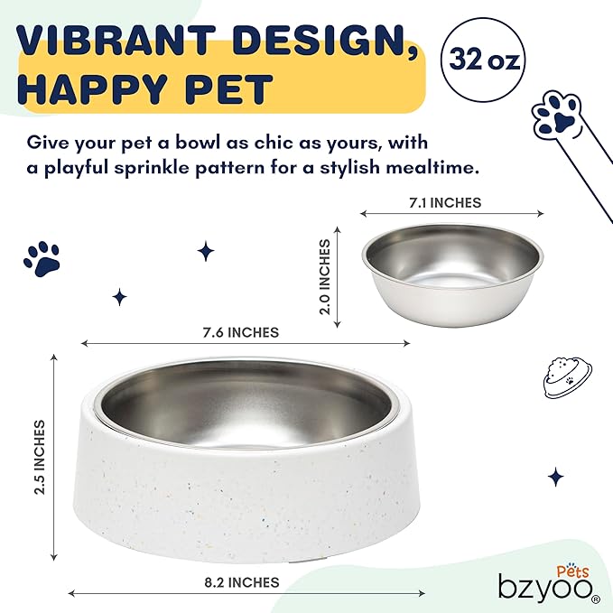 bzyoo 32oz 4CUP Elevated Dog & Cat Bowl, Sprinkle Design, Slanted Stainless Steel Pet Bowl with Removable Inner Bowl, Non-Slip Silicone Base, Dishwasher Safe, for Dry/Wet/Raw Food & Water White