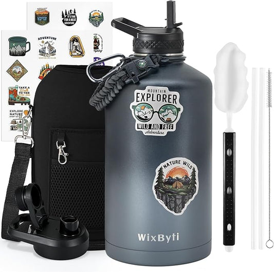 One Gallon Water Bottle Insulated, Triple Wall Vacuum Cold for 48 Hrs & Leak-proof & Non-BPA, 128oz Large Sports Stainless Steel Water Jug with Paracord Handle Straw Spout Lids & DIY Stickers