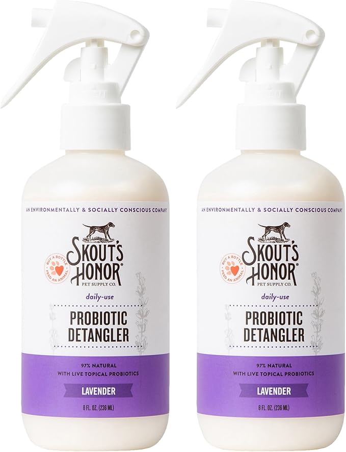 Skout's Honor Probiotic Pet Detangler Spray - Hydrating & Conditioning with Avocado Oil, 97% Natural, Paraben & Sulfate-Free, softens for a More brushable Coat, Daily Use, 8oz, Lavender, 2-Pack