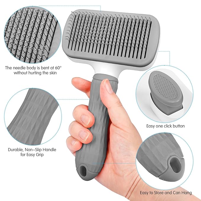 Dog & Cat Brush, Self Cleaning Slicker Brush for Pets, Upgraded Dog Brush for Shedding Massaging and Grooming, Removes Loose Undercoat & Portable Comb for Long Short Haired Dogs(Gray)