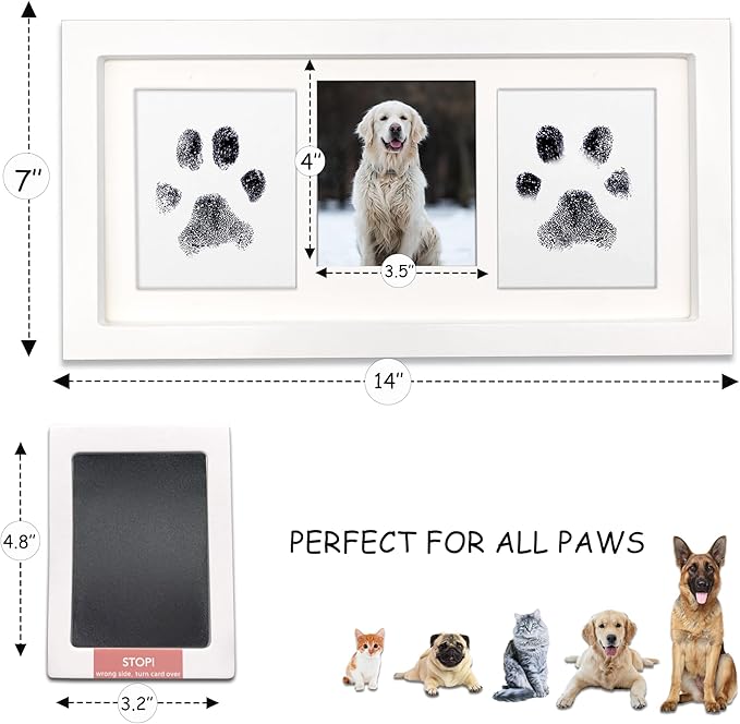 MYPAWLETS Paw Print Frame & Ink Pads Kit,Dog or Cat Paw Print Kit,2 No Mess Ink Pads for Pets,Paw Print Stamp Pad for Dogs,Wooden Pet Memorial Frame,Personalized Pet Paw Print Gifts-White