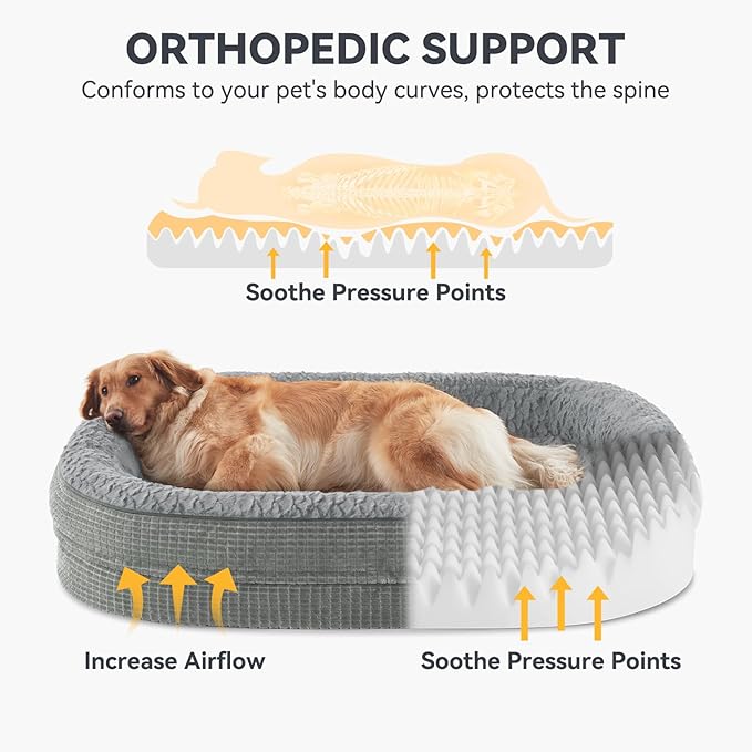 JOEJOY Orthopedic Dog Beds Large Sized Dog, Egg-Crate Memory Foam Pet Couch Bed with Bolster Sides, Waterproof Lining, Removable Washable Cover & Non-Slip Bottom, Light Grey