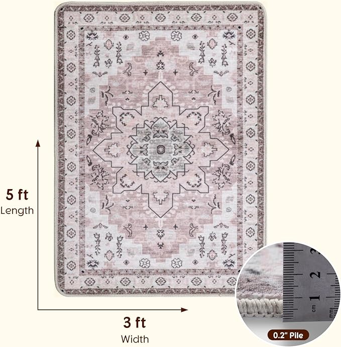 LBRO2M Boho Rug for Entryway Indoor Washable Rugs 3X5 Front Door Carpet Pink Non Slip Throw Rug, Small Rug for Bathroom Kitchen Rugs Pet Friendly Area Rugs Low Piles (3'X5' Light Pink)