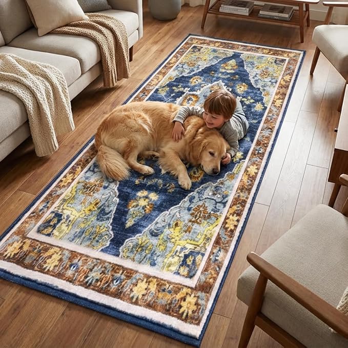 Muddy Mat짰 Mosaic 2ft x 7ft Washable Area Rugs for Living Room, Bedroom & Dining Room ??Modern Soft Low Pile Non Slip Carpet ??Pet Friendly Waterproof Foldable Rugs for Home
