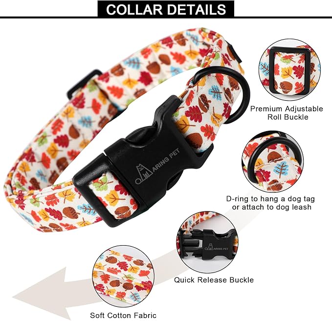 ARING PET Fall Dog Collar-Cotton Maple Leaves Dog Collar for Small Dogs, Adjustable Lightweight Dog Collars with Quick Release Buckle for Small Medium Large Dogs