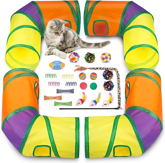 Retro Shaw 25Pcs Cat Toys, Extra Large Tunnels with Cats Toys, Ideal Indoor Interactive Kitten Toys, Kitty Tube Tent Feather Wand Teaser Balls Bell Crinkle Fuzzy Springs Mouse