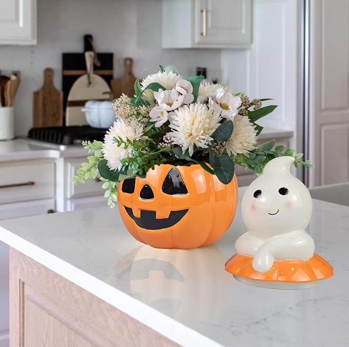 Hanna's Handiworks Halloween Give Thanks Ghost and Pumpkin Jack O’Lantern Cookie Jar - Fun Ceramic Holiday Decor and Kitchen Storage Decoration for Fall Festivities at Home, Office, and School