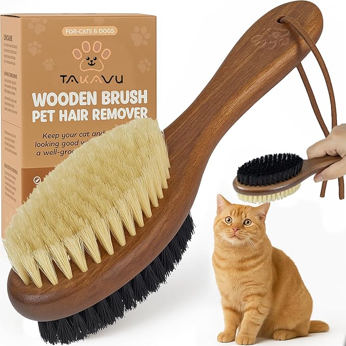 TAKAVU Double-Sided Boar Bristle Cat Brush - Natural Grooming Tool for Gentle Cleaning, Shine & Reduced Loose Hair - Wood Handle Pet Brush