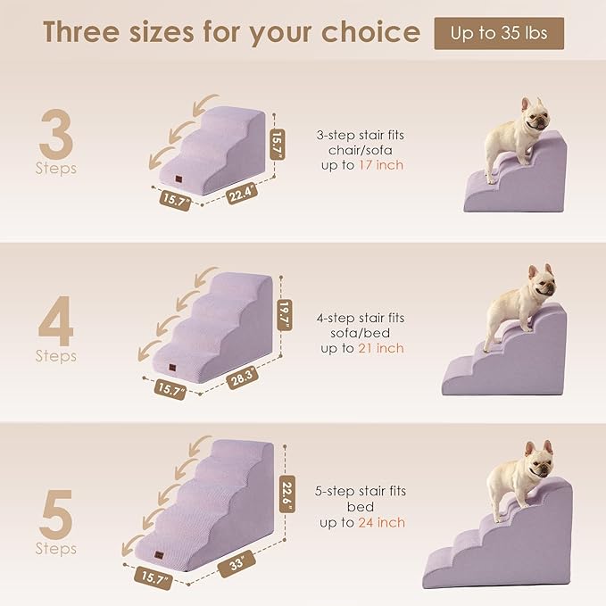 EHEYCIGA Curved Dog Stairs Ramp for High Beds 22.6" H, 5-Step Dog Steps for Small Dogs and Cats, Pet Stairs for High Bed Climbing, Non-Slip Balanced Pet Step Indoor, Lilac
