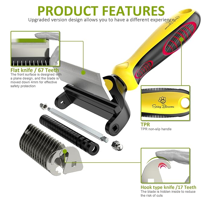 Spring Blossoms-2 in 1 Professional Grooming Rake for Cats & Dogs-Dematting Comb for Easy Mats & Tangles Removing,Pet Brush Safe No More Nasty Shedding and Flying Hair (Lemon Yellow)