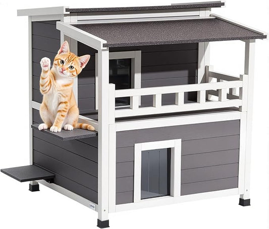VEVOR Insulated Cat House, 2-Story Wooden Cat Shelter, Foam Insulation, Feral Kitty Shelter with Balcony, Waterproof Cats Condos for Indoor & Outdoor 1-3 Cats in Winter 33 x 29.5 x 32 in