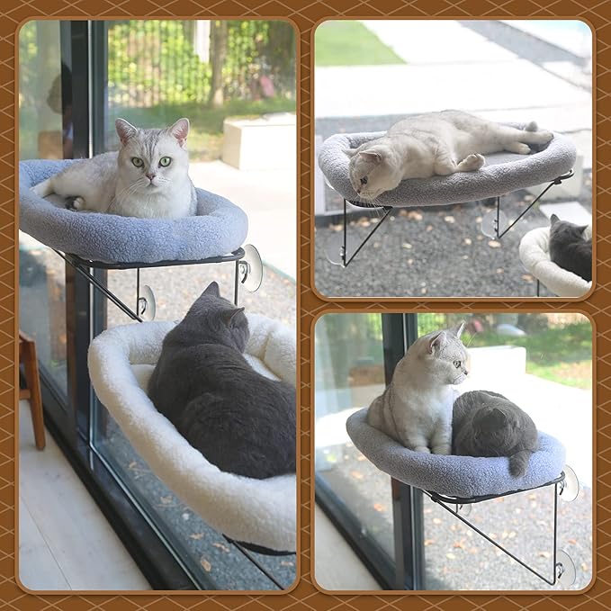 Zakkart Cat Window Perch - 100% Metal Supported from Below - Comes with Warm Spacious Pet Bed - Cat Window Hammock for Large Cats & Kittens - for Sunbathing, Napping & Overlooking (Grey)