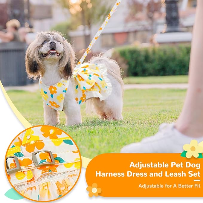 Dog Harness Dress Leash Set for Small Dog Summer Clothes Girl Female Puppy Cats Outfits Cute Floral Bowknot Princess Birthday Dress for Extra Small Pet Doggie Kitten Outfits Apparel(Yellow,S)