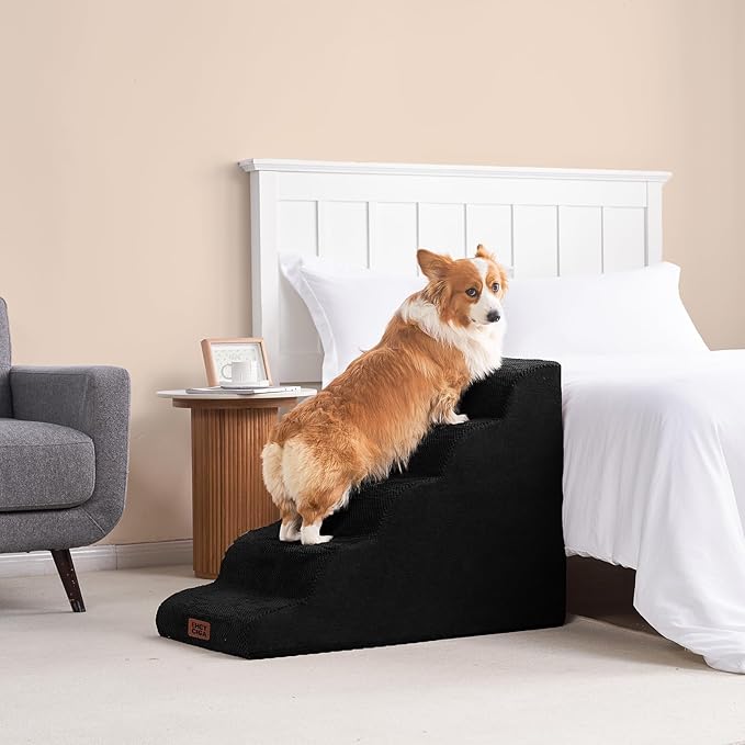 EHEYCIGA Curved Dog Stairs Ramp for High Beds, 5-Step Extra Wide Dog Steps for Small Dogs and Cats, Pet Stairs for High Bed Climbing, Non-Slip Balanced Pet Step Indoor, Black