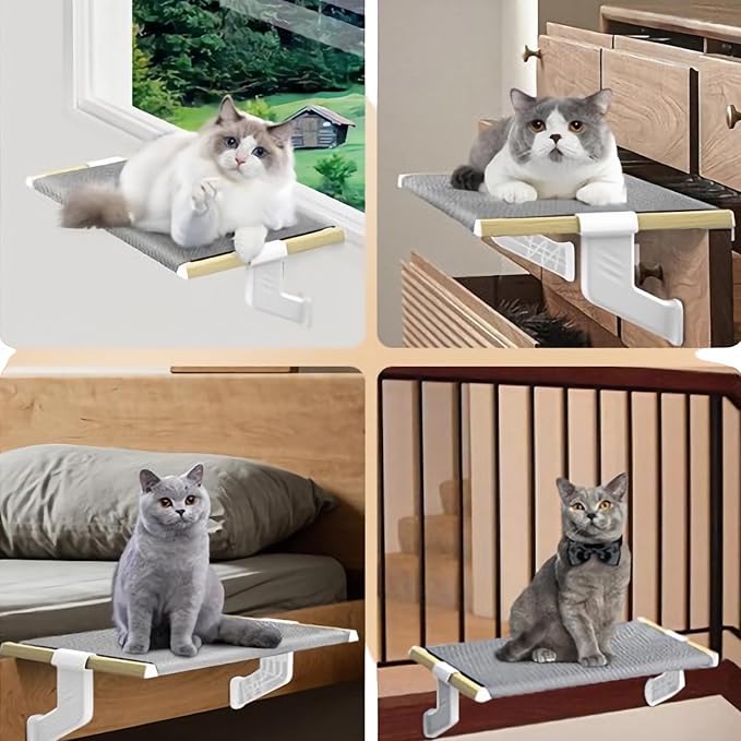 Cat Bed Window Sill Perch,Adjustable Cat Bedside Hammock Metal Frame Kitten Shelf Windowsill for Indoor Large Heavy Cats No Drilling Window Sill Extender for Pets (White, L)