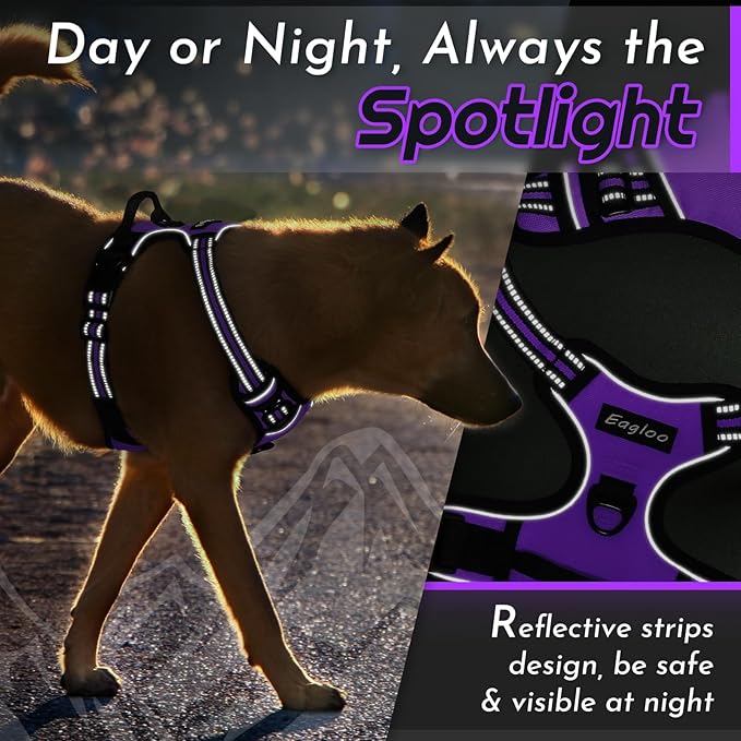 Eagloo Dog Harness Medium Sized Dog, No Pull Service Vest with Reflective Strips and Control Handle, Adjustable and Comfortable for Walking, No Choke Pet Harness with 2 Metal Rings, Purple, M