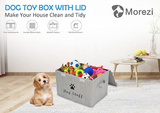 Morezi Large Dog Toy Storage Box with Lid Basket Organizer - Perfect Collapsible Bin for Living Room, Playroom, Closet, Home Organization - Dog - Bamboo Gray