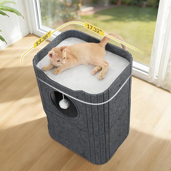 Cat House for Indoor Cats, 2-Storey Cat Bed Cave, Felt Cat Hideaway Condo with Resistant Scratching Freedom Kitten Cube for Multicats Dark Grey