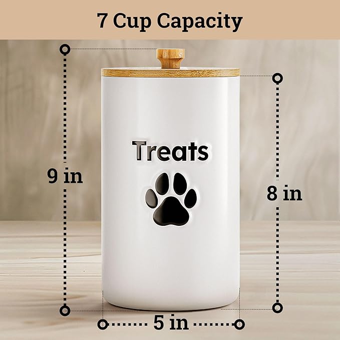 Dog Treat Container Airtight - 5 Inch Wide x 9 Inch Tall Ceramic Dog Treat Jar for Kitchen Counter with Airtight Bamboo Lid - 7 Cup Capacity Pet Treat Container - Doggie Cookie Jar - Treats Canister