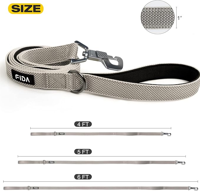 Fida 6 FT Heavy Duty Dog Leash with 2 Comfortable Padded Handles, Traffic Handle & Advanced Easy Snap Hook, Reflective Walking Lead for Large, Medium & Small Breed Dogs, Grey