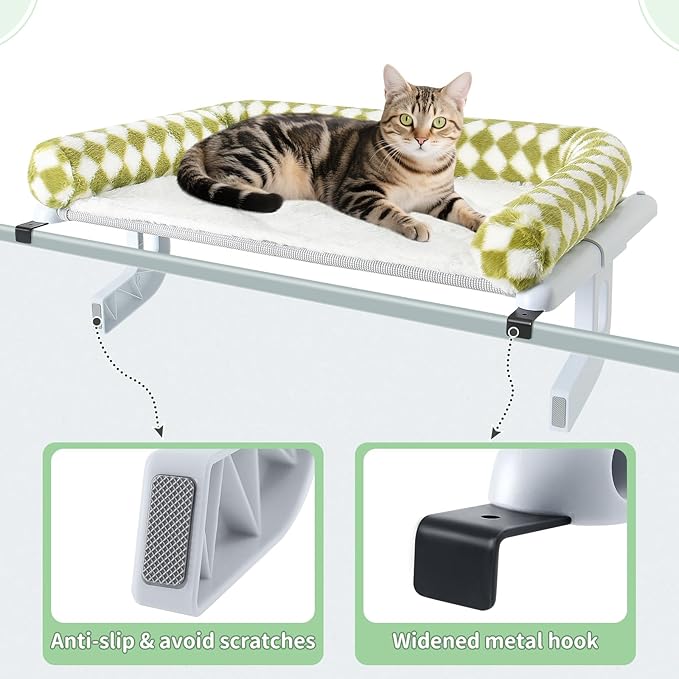 Sunhoo Cat Window Perch Hammock Sturdy Windowsill Bed Seat for Large Cats No Drilling No Suction Adjustable Kitty Shelf with Washable Cover Easy Assembly Holds up to 40 lbs 22.05 * 15 in (Green, S)