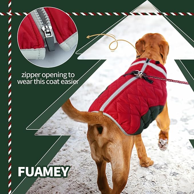 FUAMEY Dog Coat for Large Dogs,Waterproof Dog Winter Jacket with Harness Built in Puppy Cold Weather Coats Reflective Pet Vest with Zipper Warm Fleece Dogs Snowsuit Windproof Christmas XXL