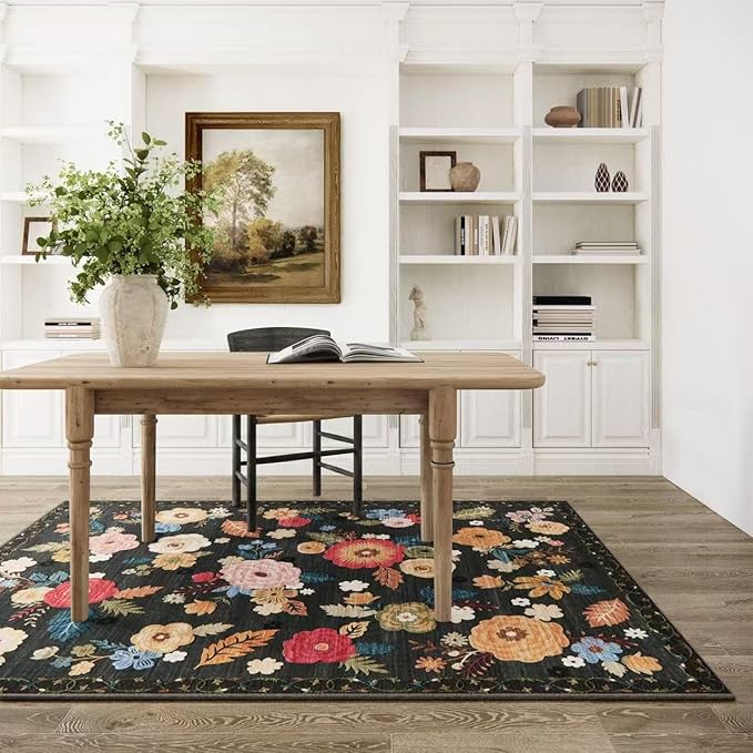 4x6 Bedroom Area Rug Washable: Entry Throw Rug Stain Resistant Floral Rug Non Slip Low Pile Small Carpet for Bedroom Kitchen Entryway Living Room Bedside Office Dorm Kids Room